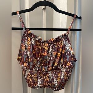 Urban Outfitters - Petite S Ruffled Brown Floral Thin Crop Top